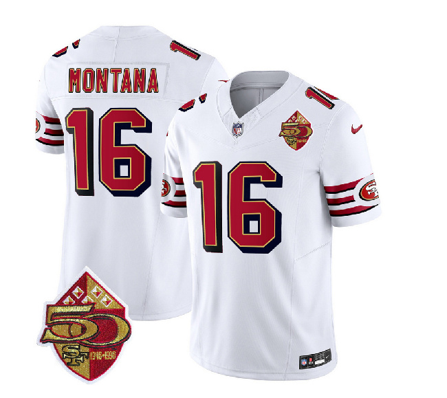 Men's San Francisco 49ers #16 Joe Montana White 2023 F.U.S.E. 50th Patch Throwback Football Stitched Jersey